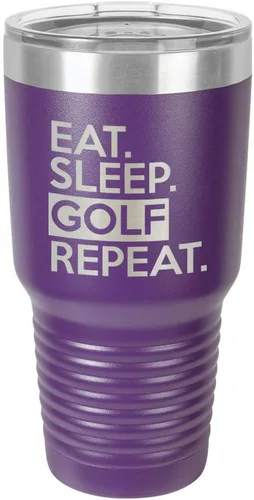 Miniatura 18 de Vaso con tapa superior deslizante y pajita de acero inoxidable para viaje con texto en inglés "EAT SLEEP GOLF REPEAT" de 76 ml en comparación