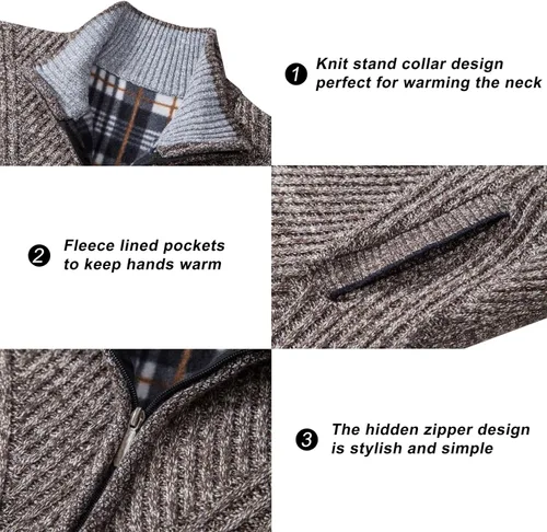 Miniatura 76 de VtuAOL Suéteres tipo cárdigan para hombre, con cremallera completa, cuello alto, cárdigan de punto casual con bolsillos