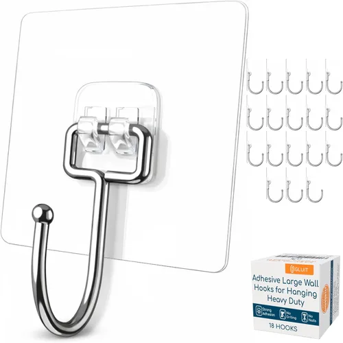 GLUIT Ganchos adhesivos grandes de pared para colgar ganchos resistentes de 22 libras para paredes sin daños, ganchos adhesivos transparentes para