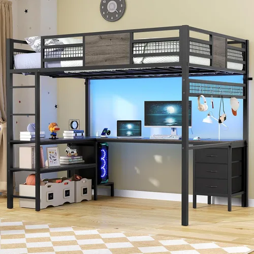 ADORNEVE Cama tipo loft de tamaño matrimonial con escritorio en forma de L, 3 cajones de almacenamiento, toma de corriente, 3 estantes de Gris