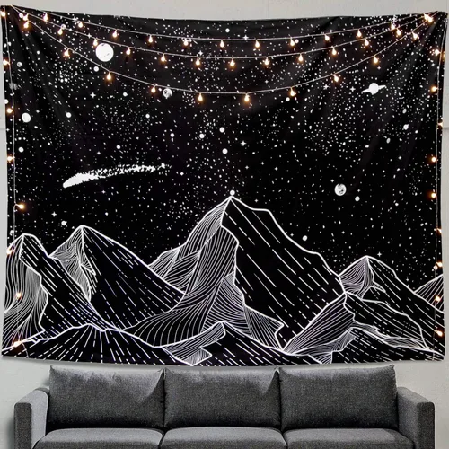 Miniatura 27 de Zussun Tapiz blanco y negro con noche estrellada, tapices de montaña para dormitorio, estética de luna y estrellas, tapiz para colgar en la pared