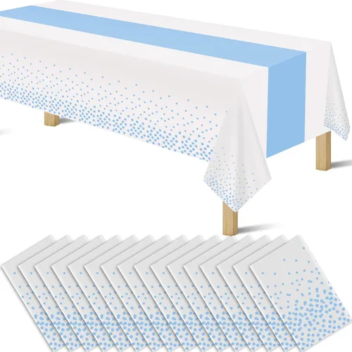 Miniatura 18 de Manteles de plástico desechables 2 en 1 de 54 x 108 pulgadas, mantel rectangular de cocina con lunares negros y azules, para boda, cumpleaños, baby