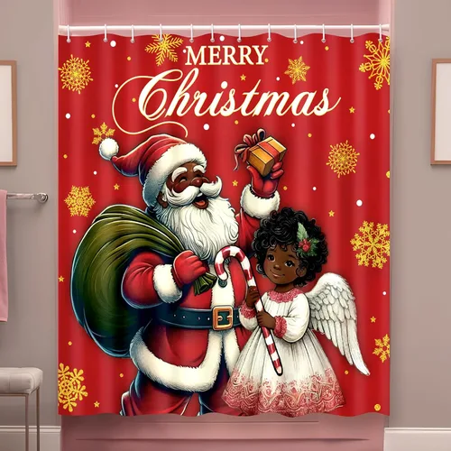 Miniatura 8 de Tieshankao Cortina de ducha de Navidad, Papá Noel, muñeco de nieve, reno, decoración de baño con 12 ganchos, 72 x 72 pulgadas, decoraciones navideñas