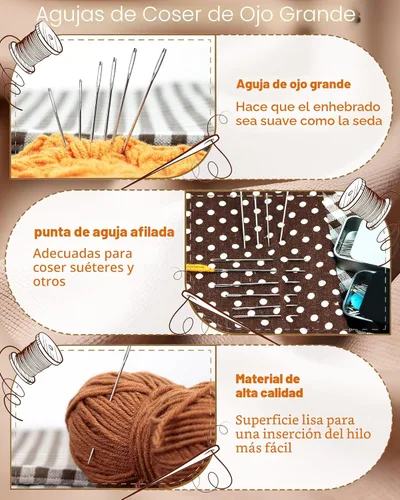 Miniatura 3 de FIVEIZERO 80/40 PCS agujas de coser de acero inoxidable premium, 7 tamaños de agujas afiladas de costura de ojo grande, aguja de cuero aguja de hilo