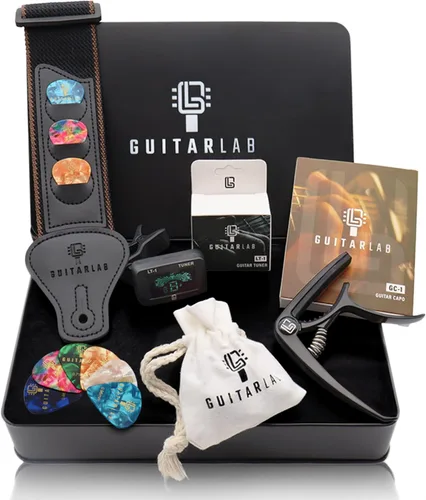 Kit de Accesorios para Guitarra de Guitar Lab – Premium Caja de Metal con Correa para Guitarra, Cejilla, Afinador, Púas para Guitarras Acústicas,