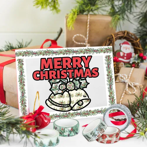 Miniatura 7 de Whaline 12 rollos de cinta washi floral de Navidad, acuarela, bayas, hojas de acebo, conos de pino, campanas de alce, plantas, cinta adhesiva