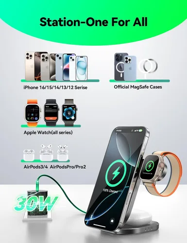 Miniatura 7 de Estación de carga inalámbrica Qi2 3 en 1, soporte de cargador inalámbrico rápido JOYROOM de 15 W para iPhone 16/15/14/13, Apple Watch, AirPods