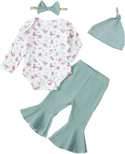 Miniatura 24 de Renotemy Conjunto de ropa para bebé recién nacida, mameluco con volantes, pantalones florales, lindo conjunto de ropa para bebé niña