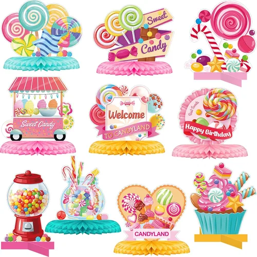 Marspark 10 piezas de decoración para fiestas Candyland, centros de mesa de piruletas, centros de mesa de caramelo panal, decoración dulce para