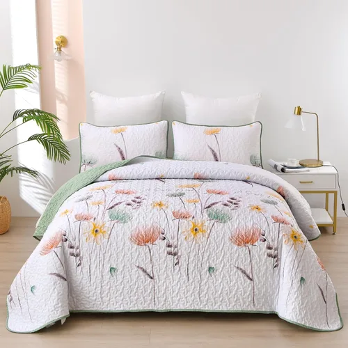 Miniatura 36 de Dinjoy Juego de colcha floral tamaño Queen, colcha azul agua tamaño Queen de 3 piezas, juego de ropa de cama ligera de estilo granja, colcha