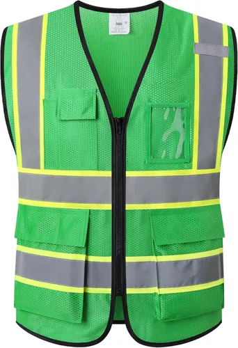 Miniatura 20 de Chaleco de seguridad de malla reflectante para hombres y mujeres con 5 bolsillos y cremallera frontal, chaleco de malla de alta visibilidad Hi Vis