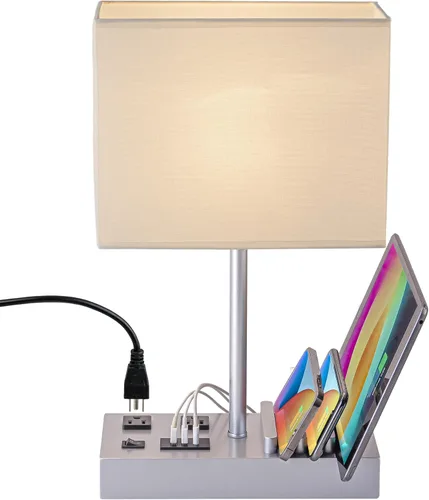 Miniatura 10 de Briever Lámpara de mesa USB, lámpara multifuncional de mesita de noche con 2 salidas de CA, 3 puertos de carga USB y organizador de soporte