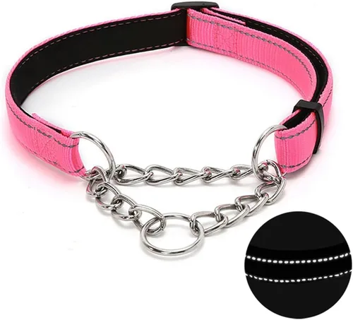 Martingale - Collar para perro con cadena de acero inoxidable, collar reflectante de nailon acolchado suave ajustable, cadena resistente sin Rosado
