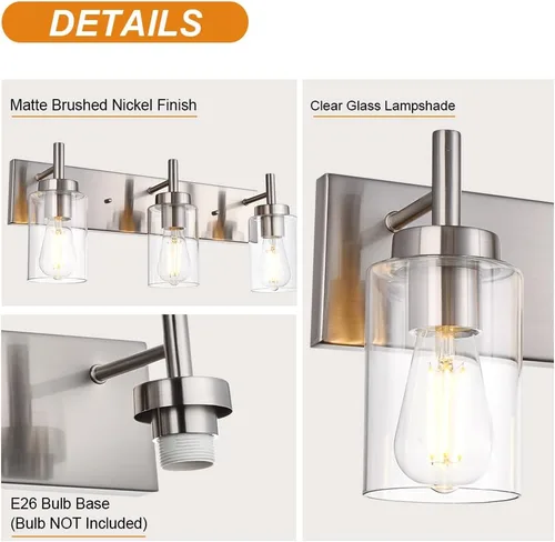 Miniatura 5 de Lámpara de tocador para baño, níquel cepillado, 3 luces, moderna lámpara de pared con pantalla de vidrio transparente, lámpara de pared rústica
