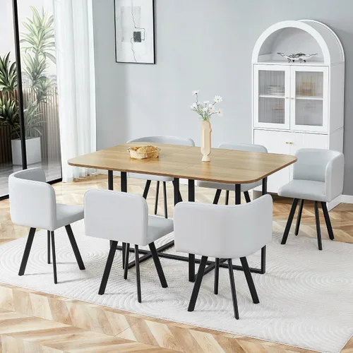 Miniatura 5 de Juego de mesa de comedor para 6, mesa de cocina de mármol y madera sintética de 60 pulgadas con 6 sillas de piel sintética, moderno juego de mesa