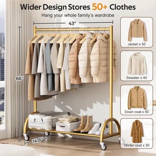 Miniatura 2 de MISSLO Perchero de ropa resistente con ruedas para colgar ropa, abrigos, ropa, vestidos, dorado