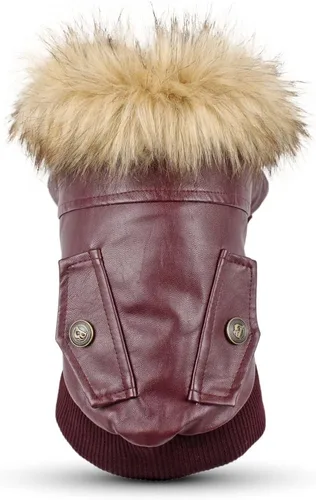 Chamarra impermeable Lesypet de cuero para perro, abrigo invernal para perros pequeños y medianos, rojo vino