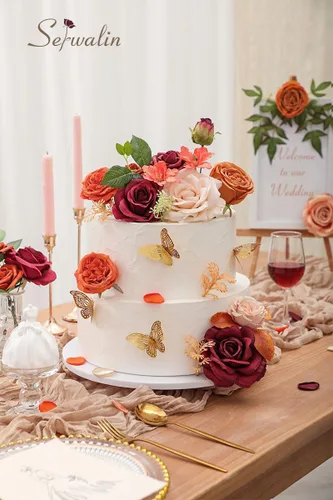 Miniatura 3 de Serwalin Flores artificiales de otoño, flores de seda falsas, flores de pastel, rosas, flores naranjas para decoración de boda, arreglos de B