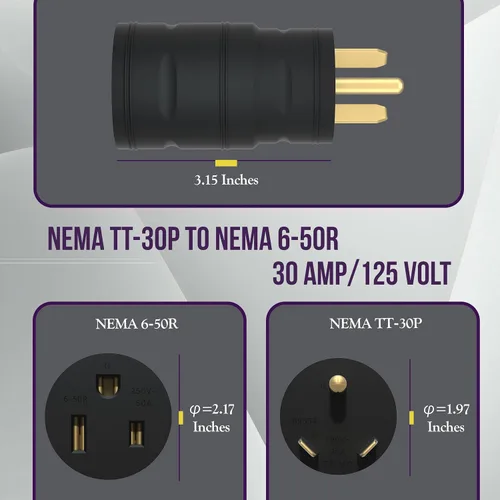 Miniatura 2 de ENERLITES NEMA TT-30P a 6-50R Adaptador compacto, 30 Amp 3 clavijas macho a 50 Amp 3 clavijas hembra adaptador de cable de alimentación, 30A