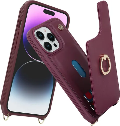 Miniatura 2 de Lipvina Funda para iPhone 14 Pro Max con tarjetero para mujer, funda para teléfono con correa, cordón cruzado, soporte de anillo, cierre a presión