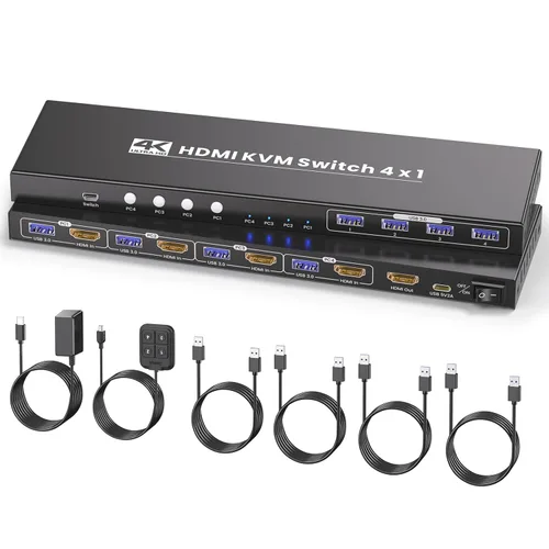 Conmutador KVM HDMI 4K a 60Hz 1 Monitores 4 Computadoras, USB 3.0 4 Puertos HDMI KVM Switch para 4 Computadoras Compartir 1 Juego de Teclado, Ratón,