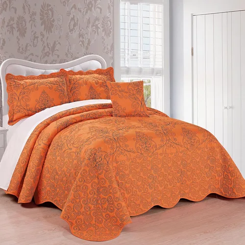 Home Soft Things Juego de colcha de damasco de 4 piezas, edredón reversible con borde festoneado, juego de ropa de cama prelavado, patrón floral en