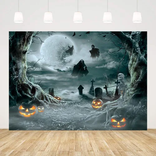 Miniatura 4 de AIBIIN Telón de fondo de fotos de Halloween de 7 x 5 pies, luna, noche, bruja negra, telón de fondo de Halloween para fotografía de otoño, linterna