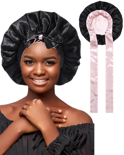 Miniatura 11 de AWAYTR Gorro de satén de seda para dormir para mujeres con cabello rizado, gorro de dormir reversible de doble capa con banda de amarre (azul) 7