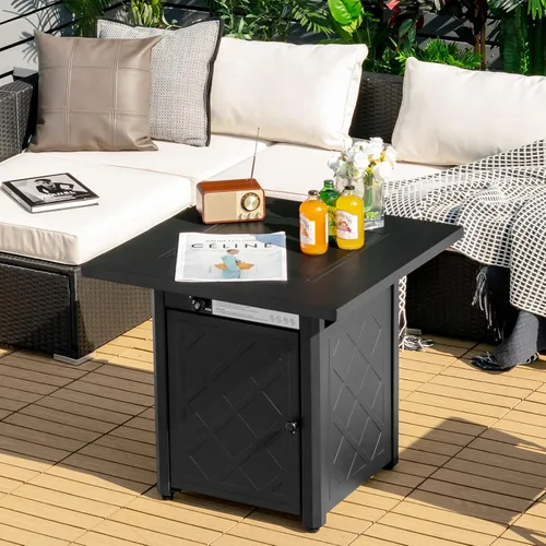 Miniatura 4 de COSTWAY Mesa para fogata de propano al aire libre de 28 pulgadas, mesa de gas para patio de 50,000 BTU, mesa cuadrada 2 en 1 con tapa y rocas