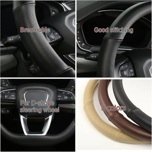 Miniatura 5 de Cxtiy Funda para volante en forma de D, de piel auténtica, parte inferior plana, accesorios de automóvil de lujo de 14 1/2-15 pulgadas (negro)