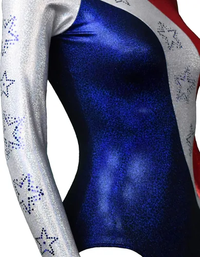 Miniatura 2 de Look-It Activewear Leotardo de gimnasia de manga larga con brillo rojo, blanco y azul para niñas y mujeres