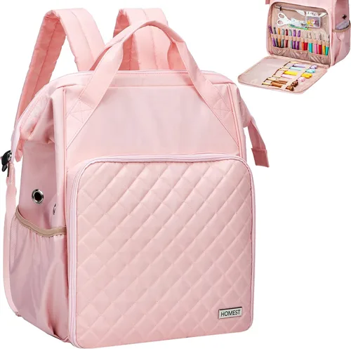 HOMEST Mochila de Bolso para Tejer, Organizador de Almacenamiento para Crochet, Porta Hilos Grande con Bolsillo Frontal Personalizado para Rosa