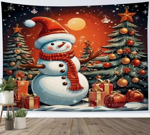 Miniatura 9 de HVEST Tapiz navideño de muñeco de nieve para colgar en la pared, divertido muñeco de nieve con sombrero rojo de Navidad y tapiz de regalo, tapiz