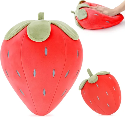 Miniatura 8 de Juexica 2 piezas de almohada de fresa de 15.7 pulgadas 9.8 pulgadas, almohada de felpa de fruta, suave decoración de dormitorio de fresa kawaii