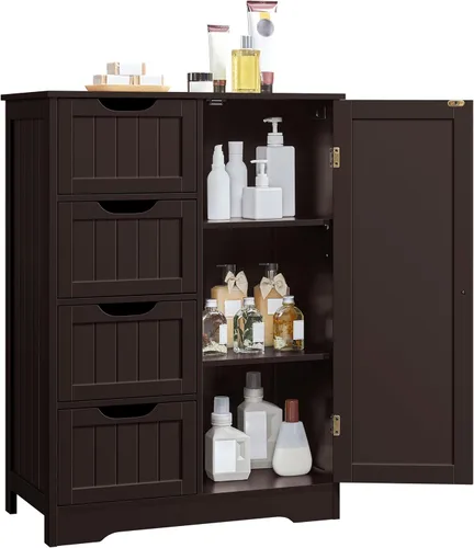 Miniatura 15 de Yaheetech Armario organizador de madera para el suelo del baño/lateral con 4 cajones y 1 armario, unidad de almacenamiento de entrada independiente