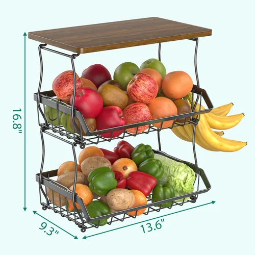 Miniatura 5 de XYZLVSI Cesta de frutas de 3 niveles con parte superior de madera para cocina, cesta apilable de alambre de almacenamiento de cebolla y papas