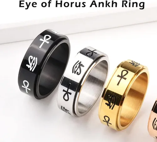 Miniatura 5 de CHEODIN Ojo de Horus anillo giratorio de acero inoxidable para ansiedad, Ankh, anillo de compromiso para mujeres y hombres, anillo de compromiso