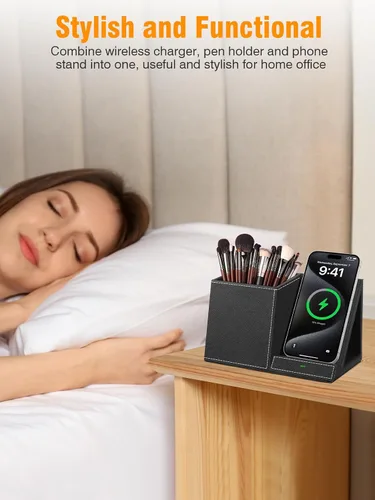Miniatura 8 de TopMade Cargador inalámbrico con soporte para lápiz para bolígrafo, organizador de mesita de noche de escritorio multifuncional de cuero, estación