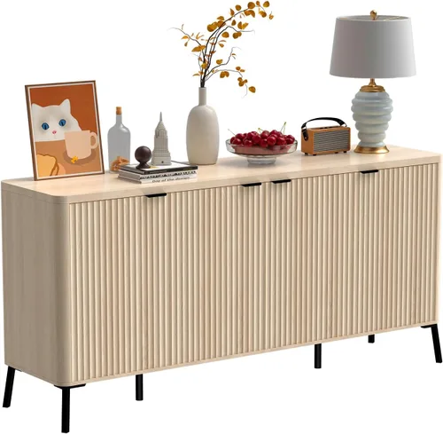 Miniatura 8 de Armario buffet, aparador grande de 63 pulgadas con almacenamiento, aparador moderno acanalado con 4 puertas, gabinete de almacenamiento de madera