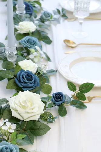 Miniatura 4 de PONATIA Guirnalda de flores artificiales de rosas hechas a mano de 5 pies, guirnalda de flores azul polvoriento y follaje para ceremonia de boda