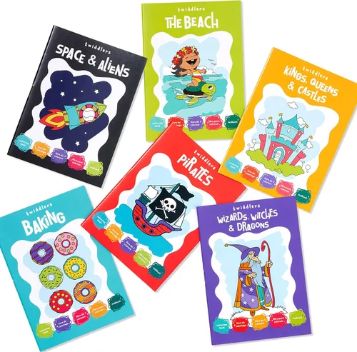 Miniatura 9 de THE TWIDDLERS - Paquete de 24 mini libros para colorear de 6 temas a granel para niños a partir de 3 años, incluye castillos, dragones, pirata