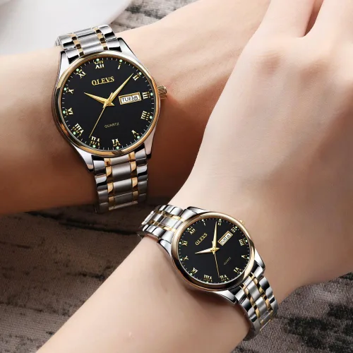 Miniatura 11 de OLEVS Juego de 2 relojes de cuarzo para parejas de San Valentín, calendario luminoso, ventana de fecha, 3 ATM, impermeable, casual, acero
