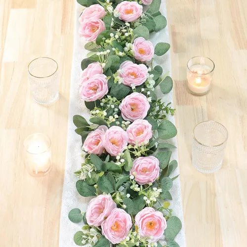 TOCHGREEN Paquete de 2 guirnaldas de flores artificiales de eucalipto de 13 pies con camelia rosa, flores falsas, guirnalda de vegetación vides