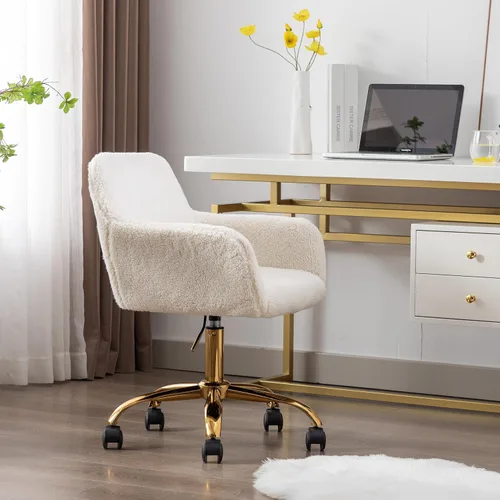 Miniatura 4 de Silla de piel sintética blanca, moderna silla de oficina en casa con giratorio, altura ajustable, silla de maquillaje tapizada para mujeres y niñas