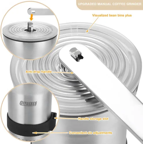 Miniatura 4 de Molinillo de café manual, manivela portátil de acero inoxidable, 6 ajustes de grosor, molinillo de café con rebabas de cerámica, perfecto