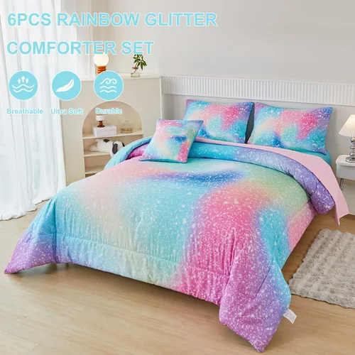 Miniatura 2 de PERFEMET Juego de edredón de tamaño completo para niñas, 6 piezas, rosa verde degradado arcoíris, juego de ropa de cama colorido tie dye con Azul