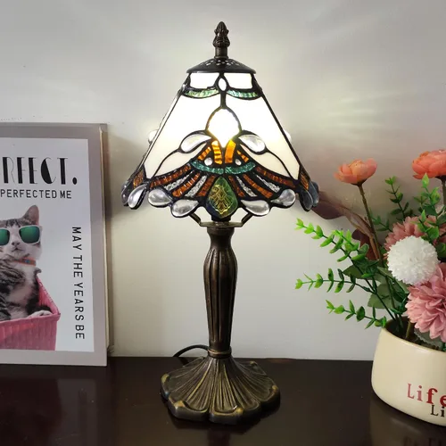 Miniatura 11 de Tiffany - Lámpara de mesa con perlas rojas, estilo barroco, vitral, luz de escritorio, pequeña lámpara de noche estilo Tiffany con bombilla LED