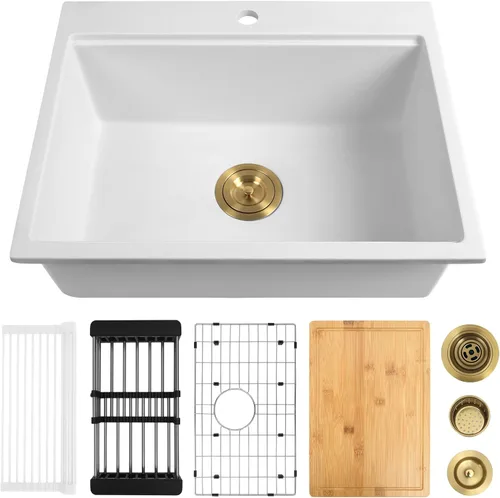 Fregadero de cocina blanco de 25 pulgadas, fregadero de estación de trabajo compuesto de cuarzo de granito para montaje inferior, cuenco individual