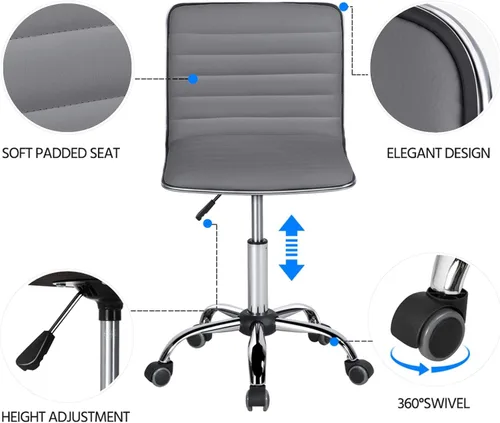 Miniatura 6 de Yaheetech Silla de oficina moderna de piel sintética sin brazos, 2 piezas, ajustable, con respaldo bajo, giratoria, ruedas rodantes, color gris