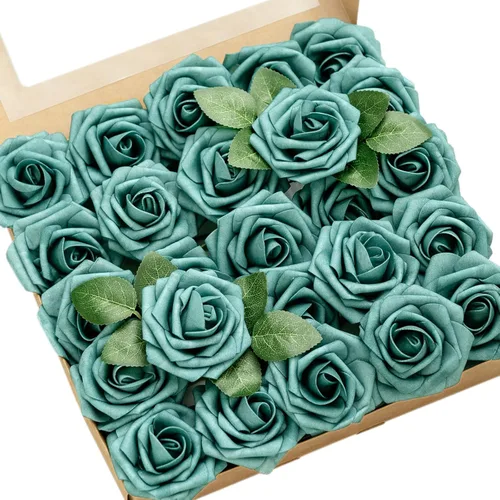 Ling's moment Flores artificiales, 25 rosas turquesas decorativas con tallos, 3 pulgadas de espuma floral para ramo de boda, centros de mesa, fondo